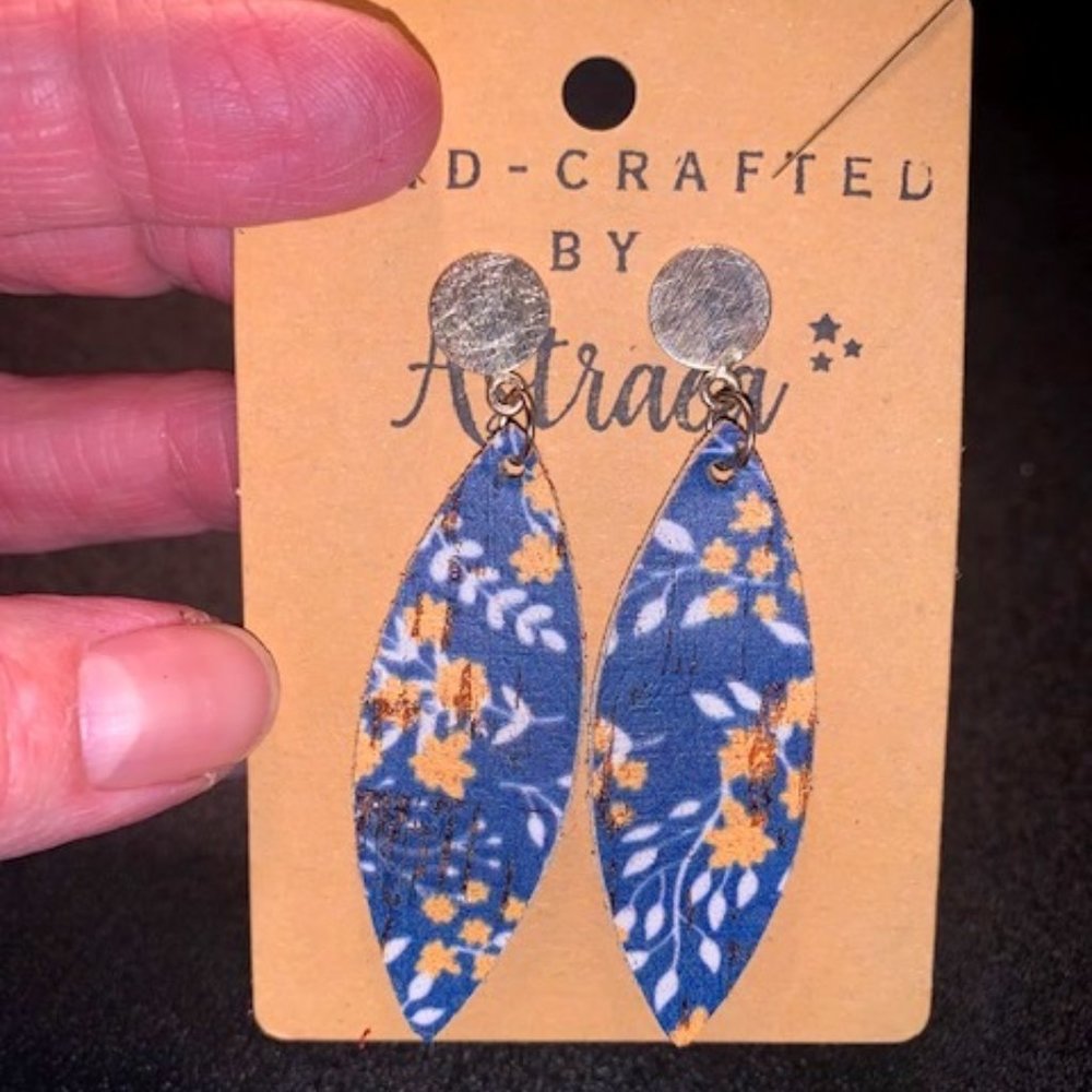 Leather Earrings Blue, Yellow Flowers
